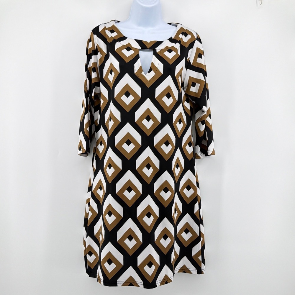 Tracy Negoshian Shift Dress M Black Tan Geometric Keyhole Stretch Preppy Mod